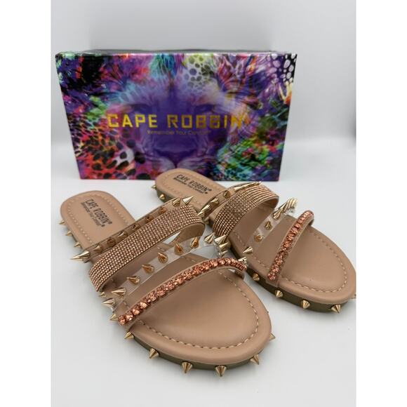 Cape Robbin Xtreme Nude Spiked Slide Sandals Size 8 Studded Rhinestone - Picture 1 of 9